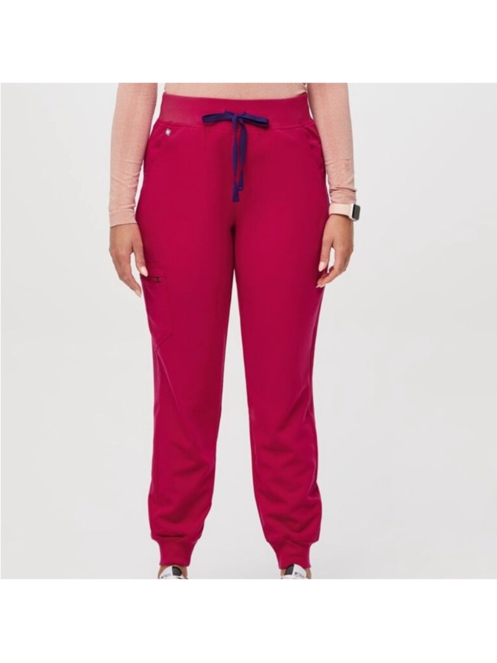 Figs Women's Jogger Pants in ultra rose with Navy Drawstring